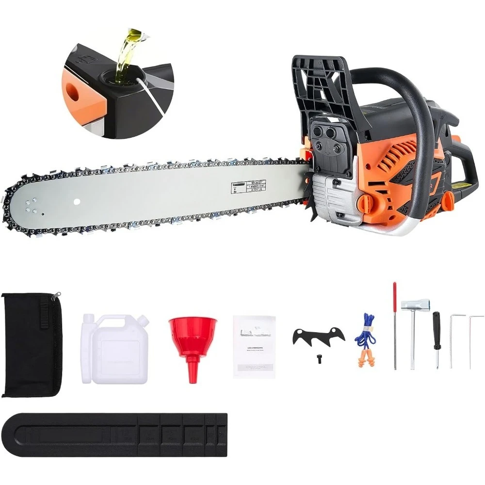 US Shipping 20 Inch 62CC Gas Powered Chainsaw 3.8 HP 2 Stroke Engine with Non-Slip Handle Dual Fuel Tanks for Wood Cutting
