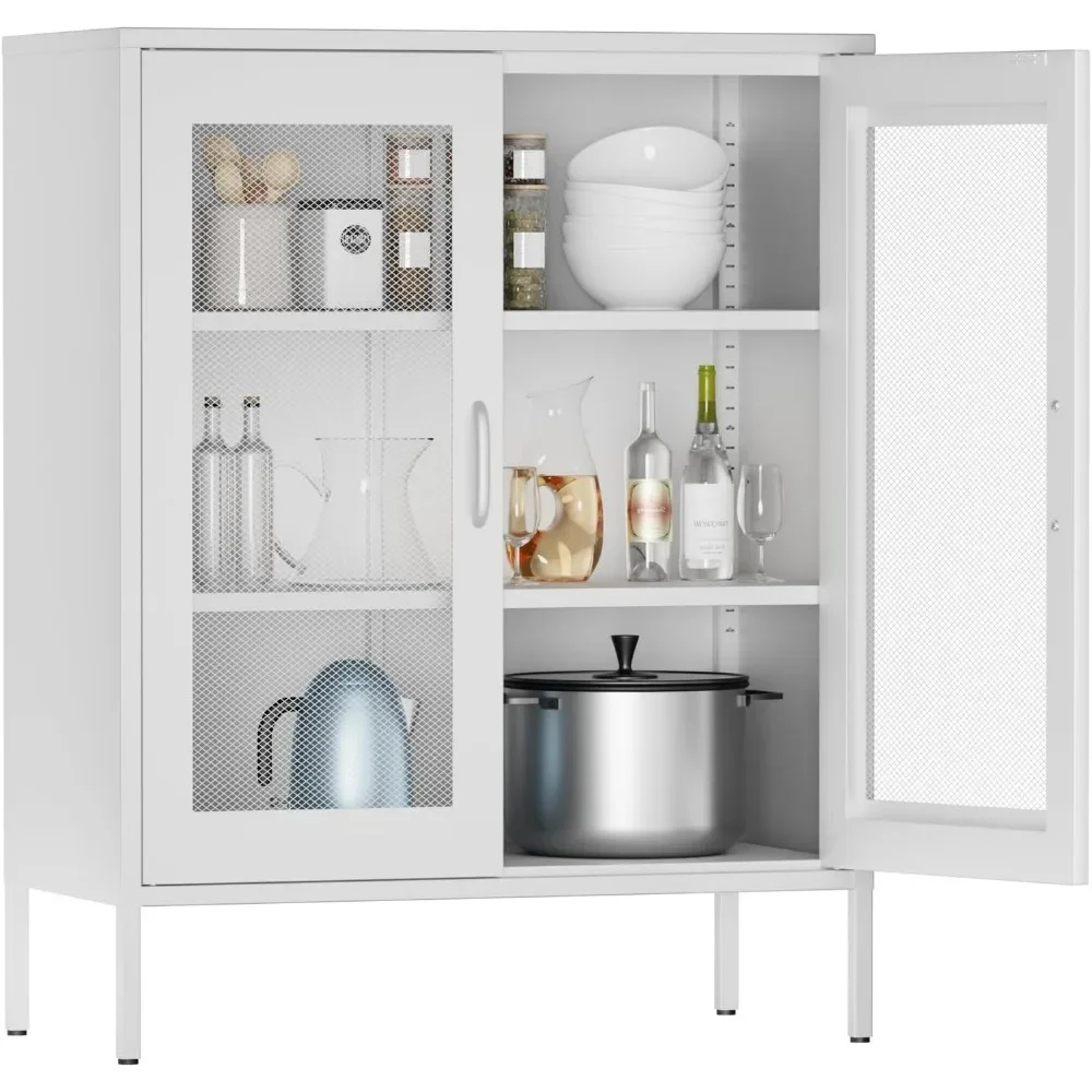 YQXH Metal Storage Cabinet with 2 Mesh Doors,Metal Locker Storage Cabinet with Adjustable Shelves,Coffee Bar for Pantry, Kitche