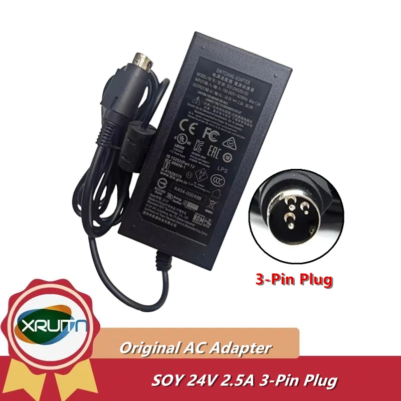 Genuine SOY SOY-2400250-332 24V 2.5A Switching Adapter Charger 3-pin Plug Printer Power Supply