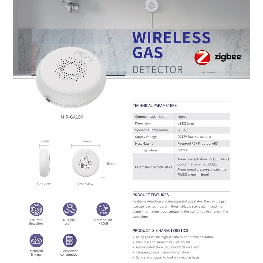 Gas Liquefied Natural Gas Sensor Leak Tester with for Home Security White Home Security Alarm