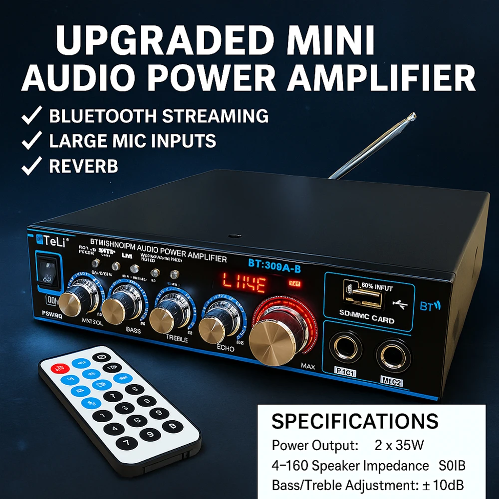 BT-309A-B Mini Audio Amplifier 35Wx2/Bluetooth USB SD FM AUX Mic Input with Echo/DC12V/AC220V Power Amp