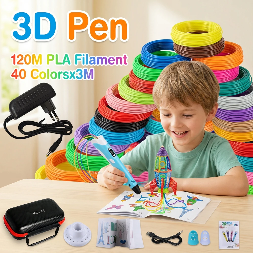 Children 3D Pen 3D Drawing Printing Pen with LCD Screen Power Adapter 3M 40 Colors PLA Filament Kids Christmas Birthday DIY Gift