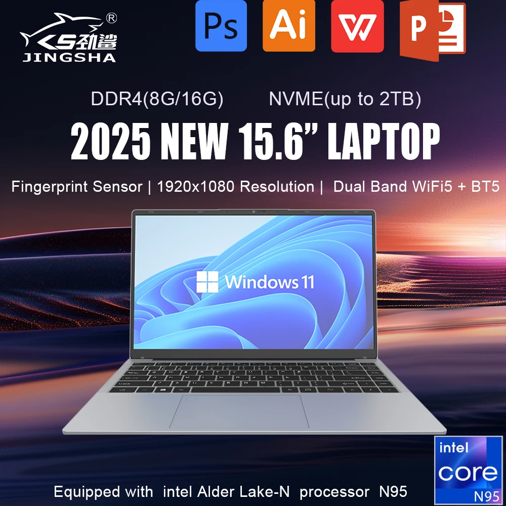 Fingerprint Unlock Notebook Windows 11 Portable Laptop Intel Celeron N95 15.6 Inch  8GB 16GB RAM 512GB 1TB SSD Office Computer