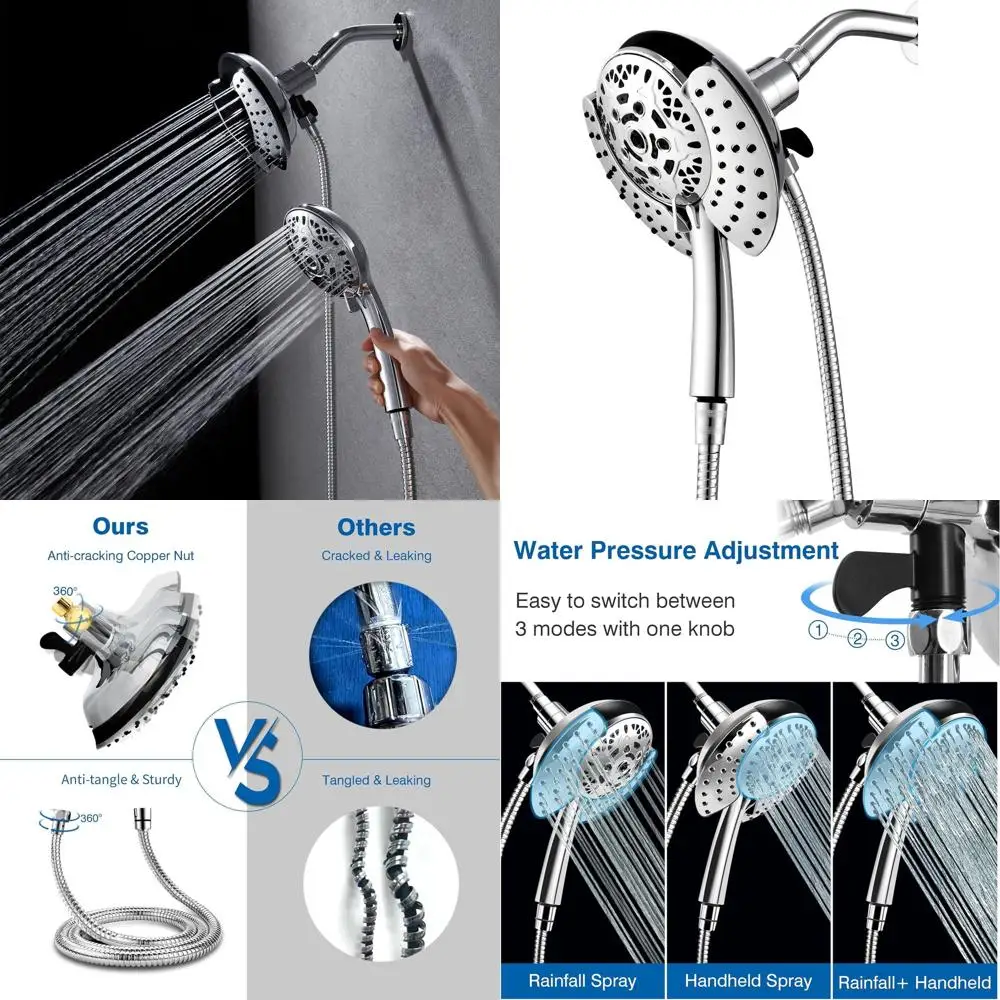 Dual-Function Shower System: 59 Rotating Stainless Steel Hose with Handheld and Rainfall Options