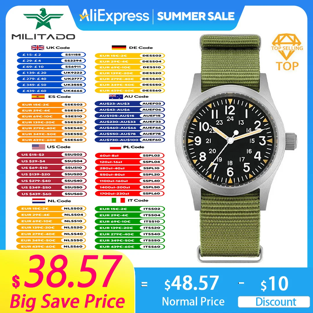 Militado ML05 Vintage Watch VH31 Sweep Second Movement Domed Sapphire Crystal With High Clear AR Coating Luminous 38mm Watches