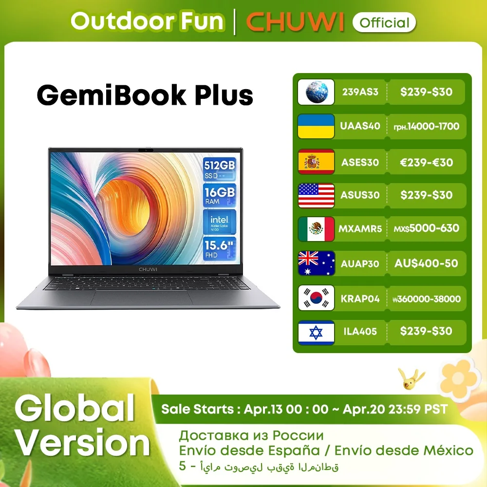 CHUWI GemiBook Plus 15.6'' Laptop 16GB RAM 512GB SSD Computer Windows 11 Laptop 12th Gen Intel Alder Lake N100 (Up to 3.4GHz)