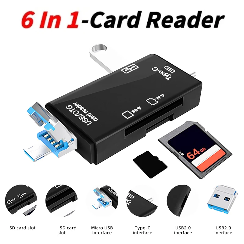 Card Reader USB Typc C Card Reader 6 In 1 USB 2.0 TF/Mirco SD Smart Memory Card Reader Type C OTG Flash Drive Cardreader Adapter