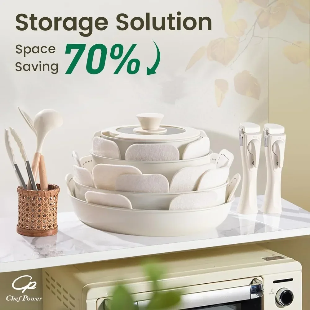 Ceramic Cookware Set Non Toxic with Detachable Handles, Healthy Nonstick Pans and Pots Set 19 Pcs,PFOA & PTFE Free,Cream White