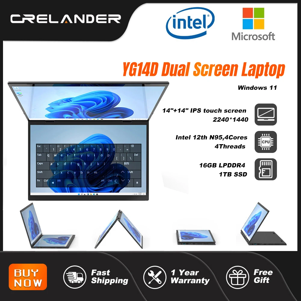CRELANDER 14 "10.5"Yoga Laptop Intel 12th Gen N95 Processor M2 SSD 2K Dual Touch Screen Laptop Computer With Handwriting Mini PC