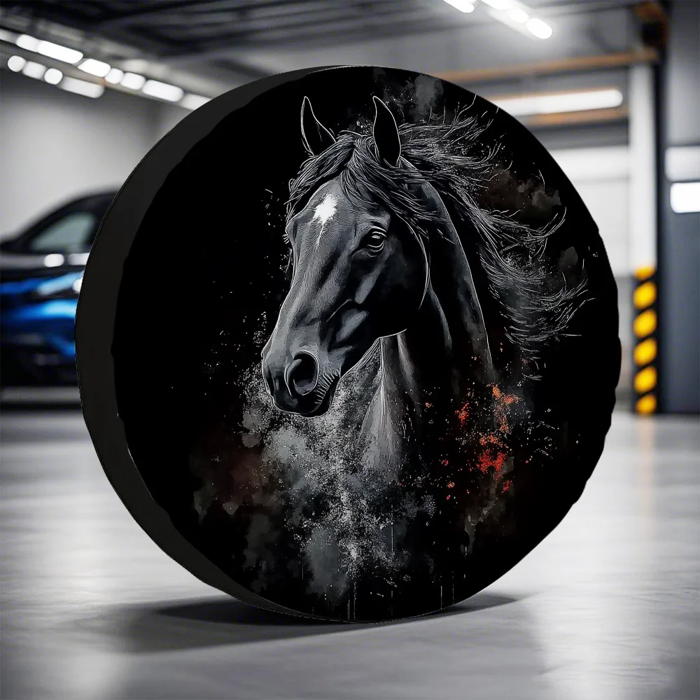 1pc Black Horse Design Polyester Tire Cover for Off-Road Vehicles Trucks SUVs Durable All-Terrain Protection Camping Accessories
