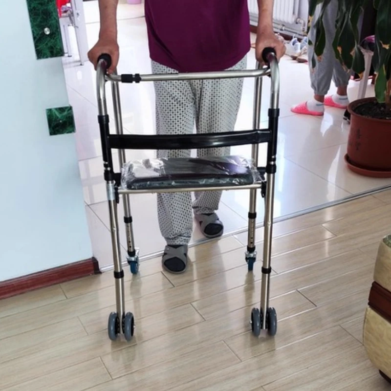 ‌Elderly Walker with Seat, 4-Wheel Mobility Rollator, Adjustable Walking Aid Cane, Rehabilitation Support Frame for Seniors