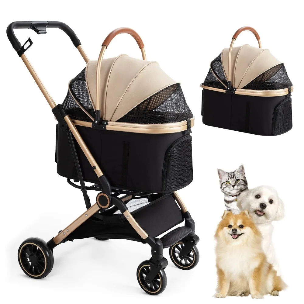 Pet Stroller with 4 Wheels, Foldable Pet Travel Carrier for Small/Medium Dogs Cats up to 50lbs, Detachable Portable Pet Bag