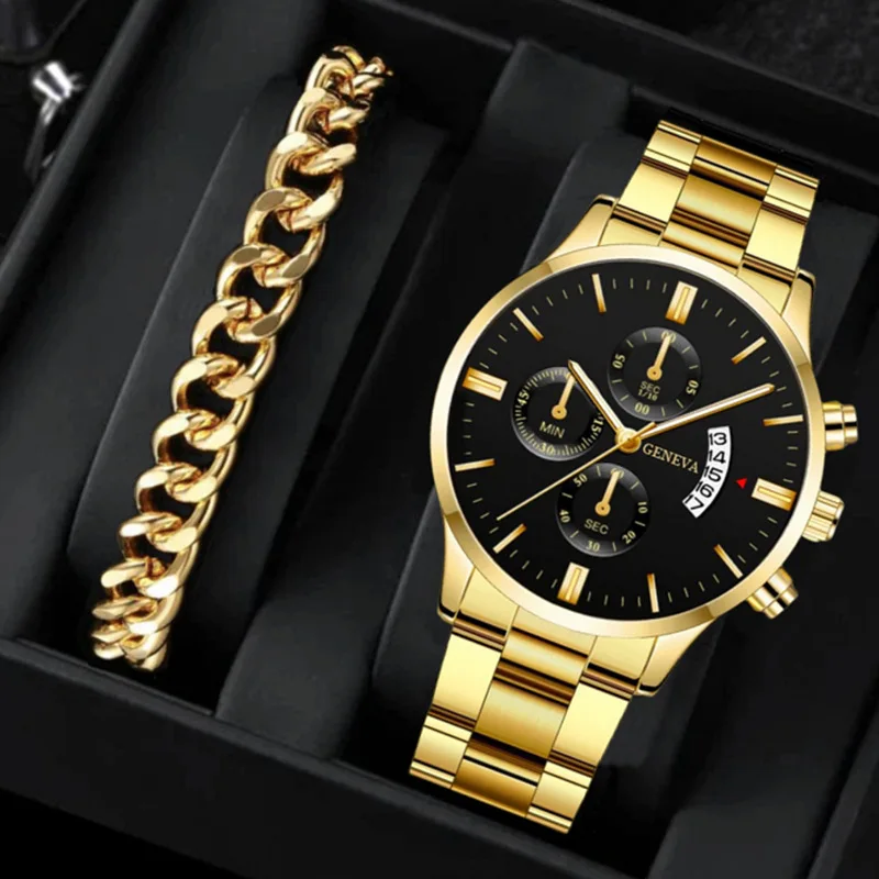 1/2pcs Luxury Men Business Watch Stainless Steel Calendar Big Dial Watches for Men Fashion Sports Casual Quartz Wristwatch Clock