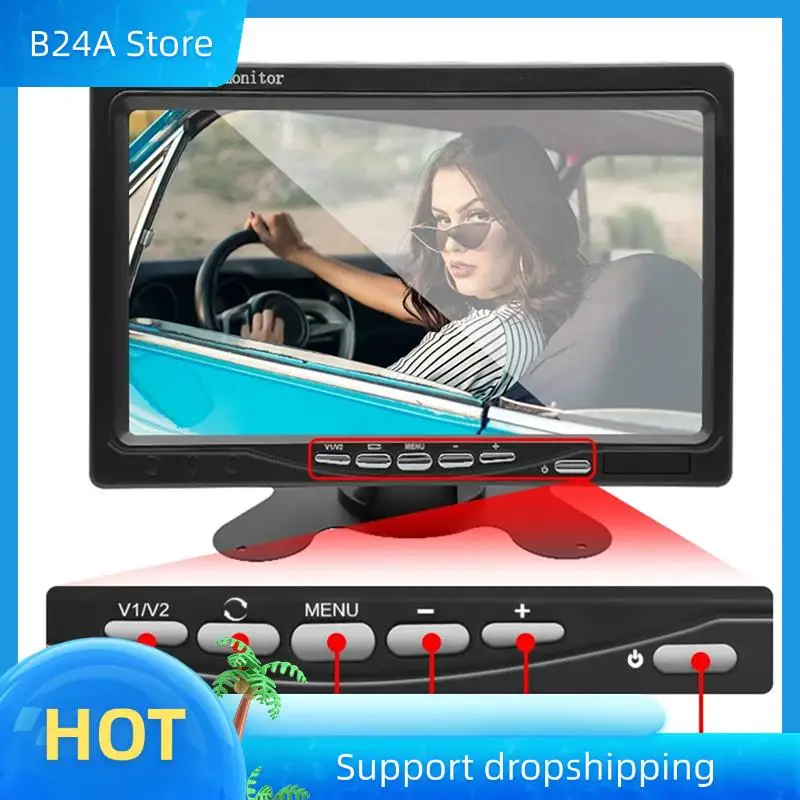 B24A 12V 7Inch Car Monitor 16:9 800X480 LCD Rearview Monitor With 2 Way Video Input For Rear View Camera Parking Reverse