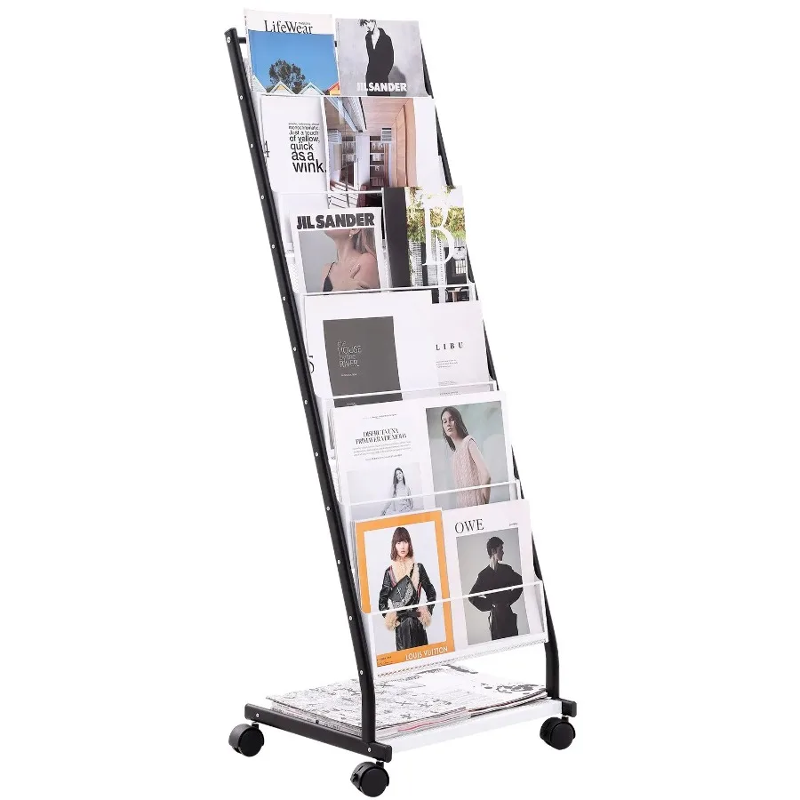 Brochure Display Rack 6-Tier Magazine Literature Display Stand Floor Standing Magazine Rack Newspaper Catalog Holders Movable