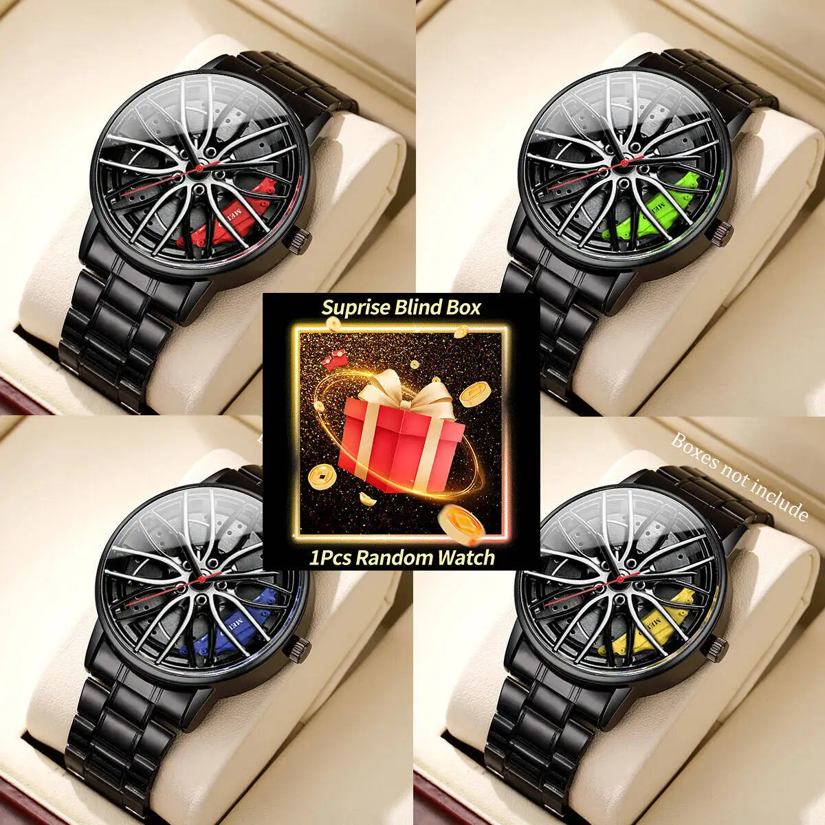 1PC Surprise Mystery Watch Blind Box-Fashion Men Sports Watches 3d Car Wheel Stainless Steel Band Wrist Watch（Without Box）