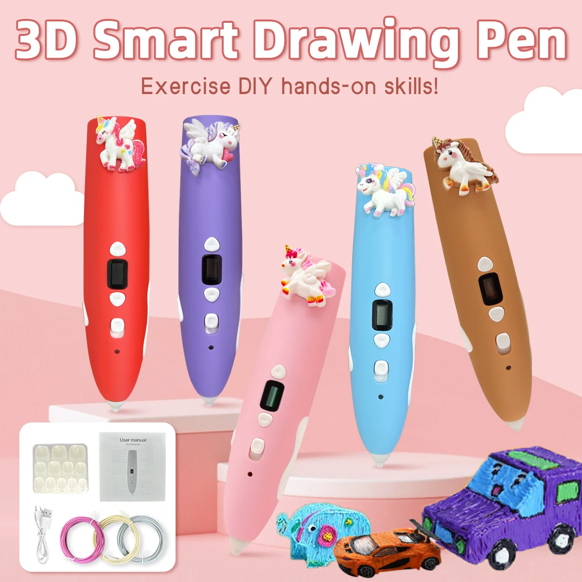 Popular Children's Birthday Gift Unicorn 3D Printing Pen Set Low Temperature Design, Includes 9M of PCL Filament Educational Toy