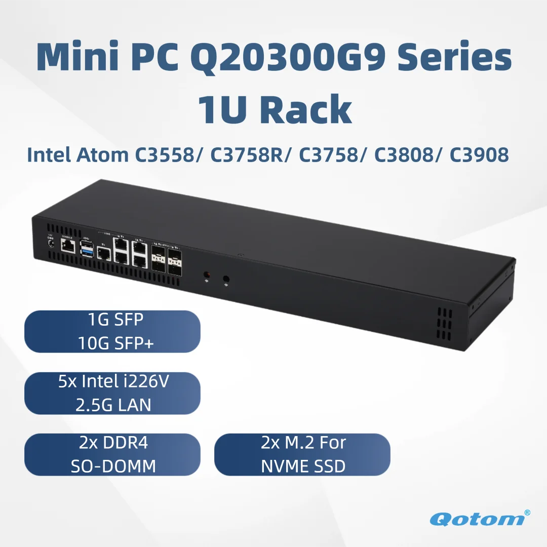Q20300G9 1U Rack CPU Atom C3558/C3758R/C3758/C3808/C3908, 10G SFP+/ 5x Intel 2.5G LAN/ Console, Barebone Mini PC DIY Router