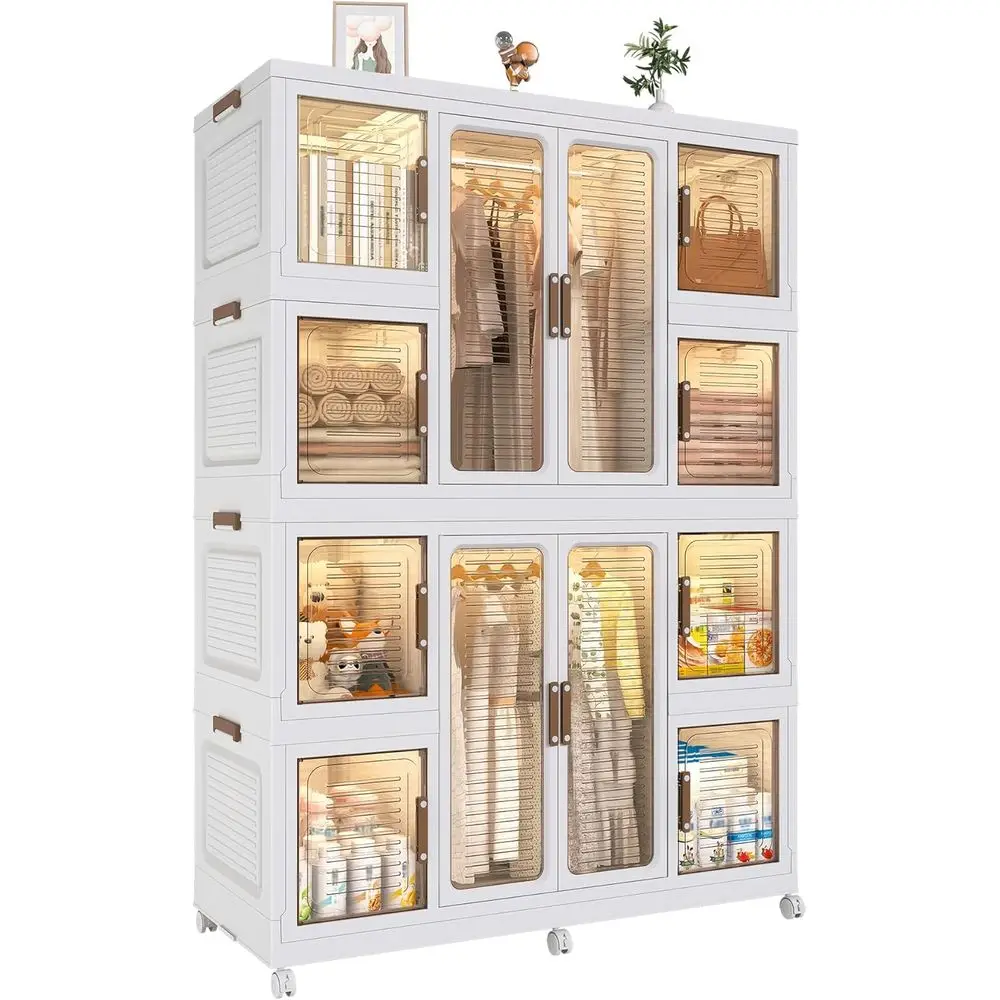 Children's Portable Wardrobe with Transparent Doors, 12 Cubes, 2 Hanging Rods, and 16 Hangers for Bedroom or Living Room Storage