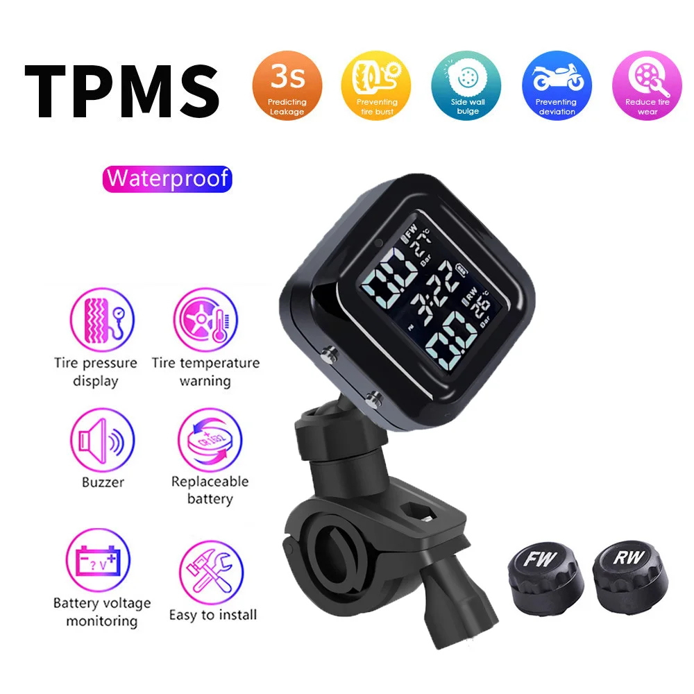 Motorcycle TPMS Tyre Pressure Sensors 0-6.2 Bar Tyre Monitor System High Precise LCD Display Tyre Tester Motorbike Waterproof