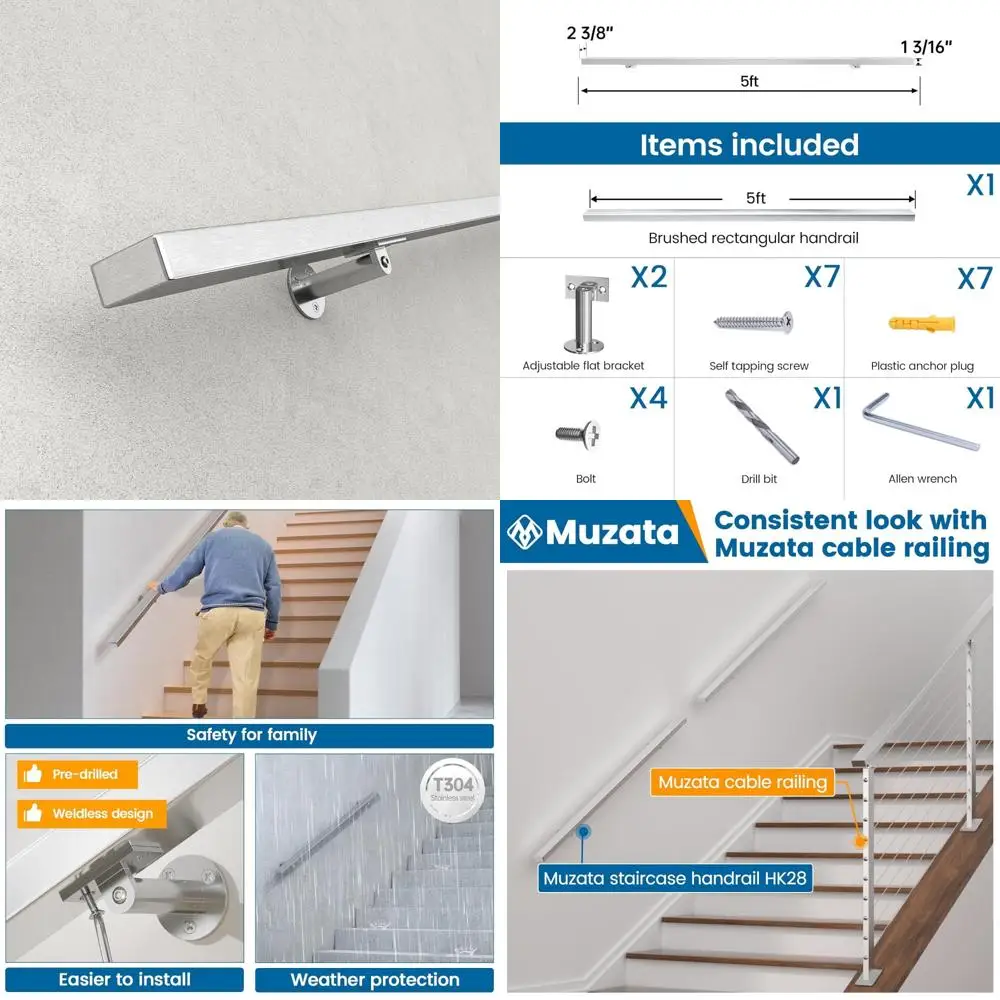 Muzata 5Ft Pre-drilled Stair Handrail 1x2 Rectangular Brushed Wall Mounted Handrail Stainless Steel Safety Hand Rail Indoor Outd