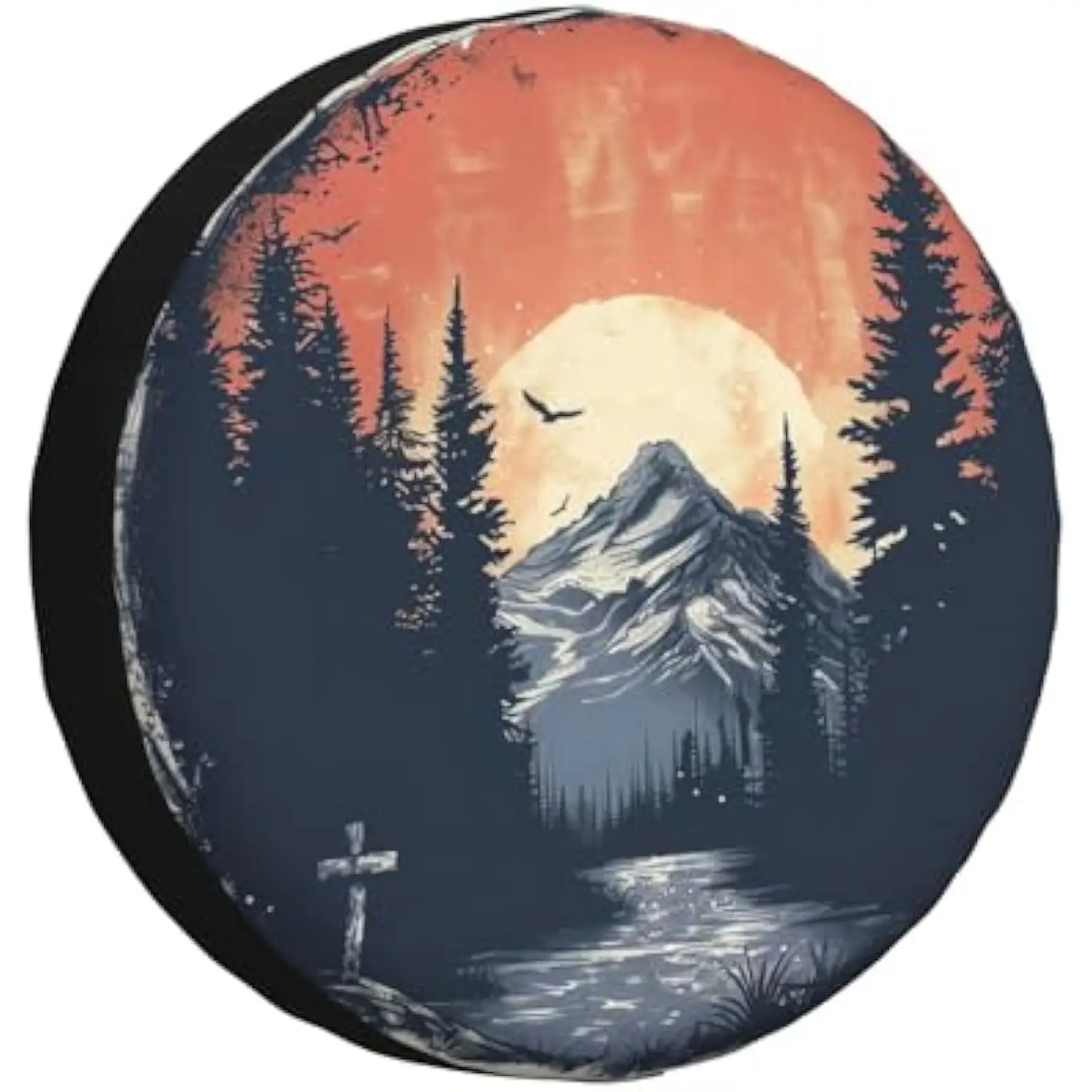 Christian Cross Mountain Sunset Forest Spare Tire Cover Polyester Weatherproof Protector for RV SUV Camper
