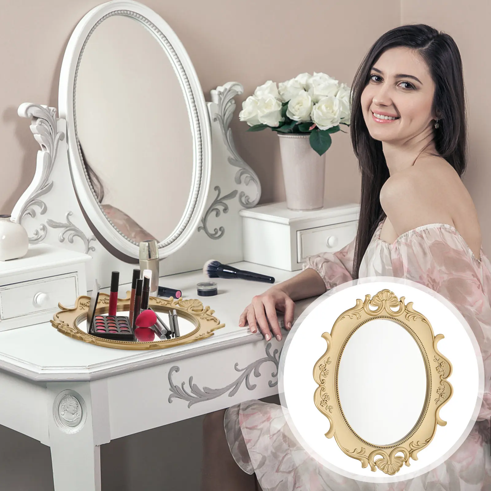 Elegant Mirror Tray Vintage Style Jewelry Display Organizer Perfume Tray Dresser Decoration Home Use Makeup Organizer