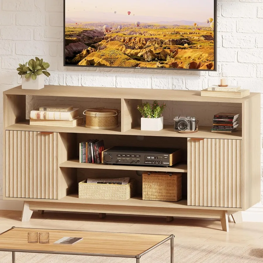 Mid Century Modern TV Stand 59 Inches Entertainment Center with Storage Tall TV Media Console with 2 Fluted Doors Suitable for