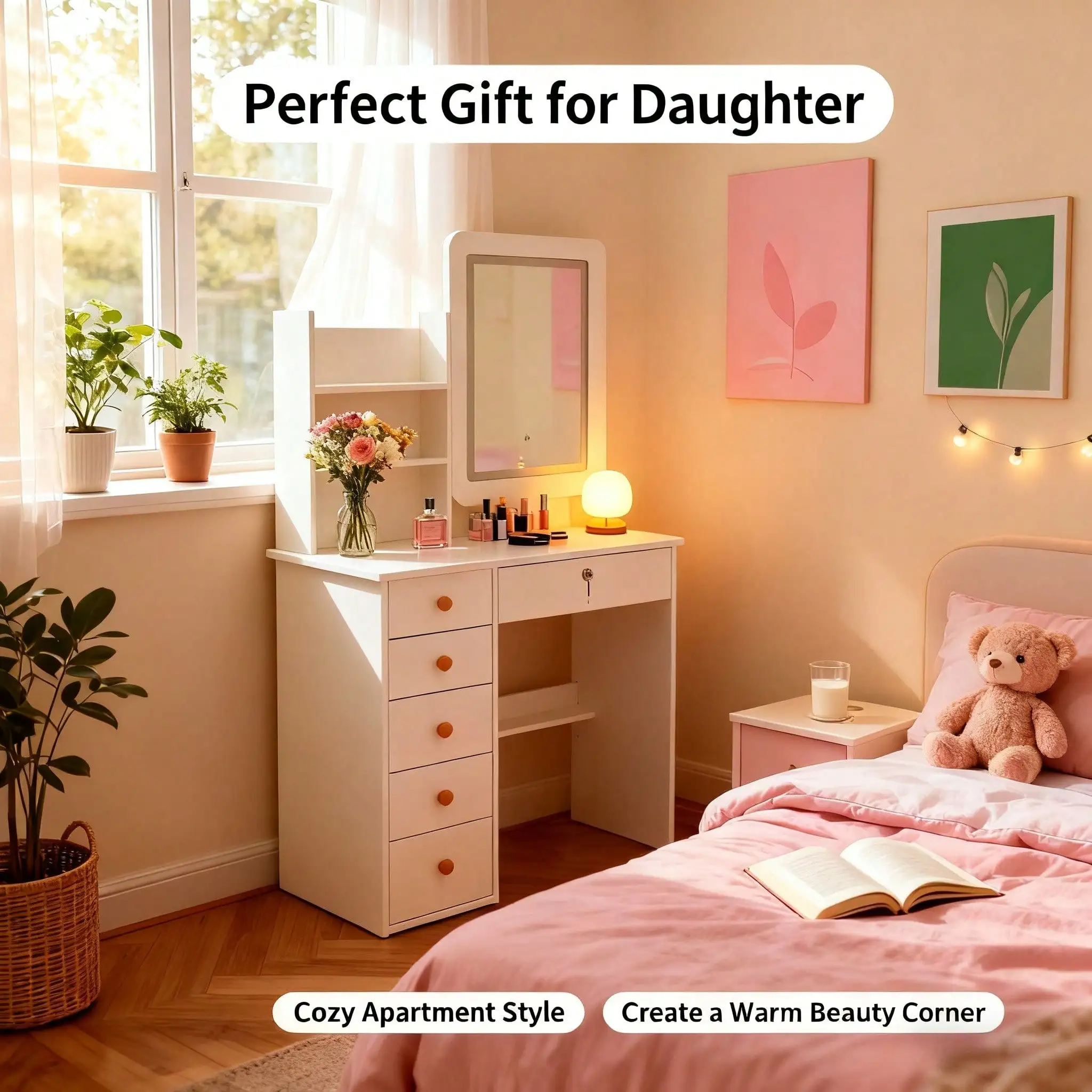 Christmas Gift - Dressing table with square mirror,six drawers and shelves is an ideal gift that you can give to your girlfriend