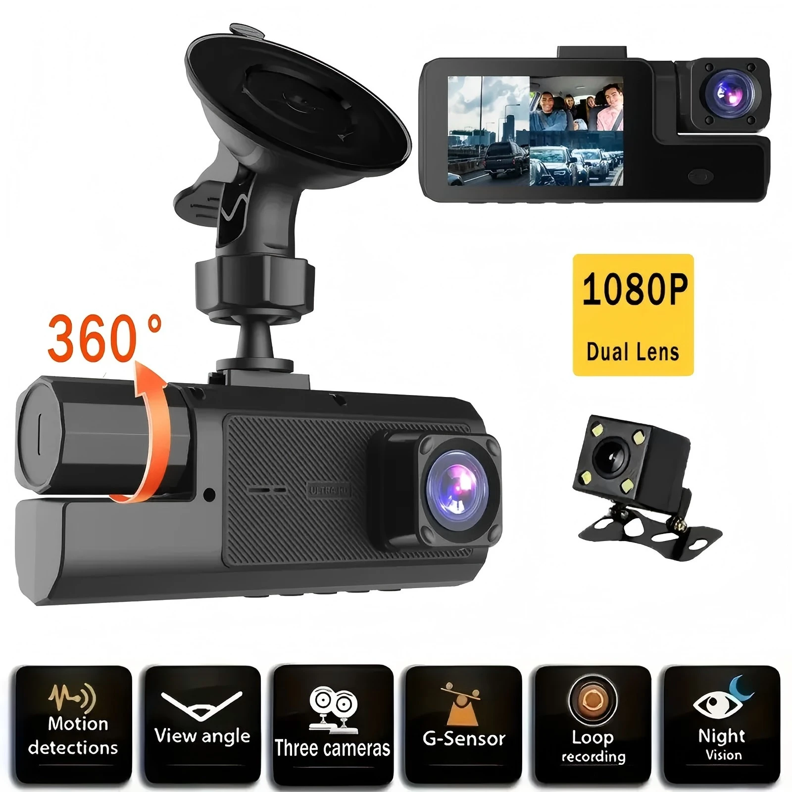 HD 1080P Triple Lens Car Recorder with Night Vision, 170° Wide Angle, Front/Inside/Rear View, 24 Hour Parking Monitor, Loop Reco