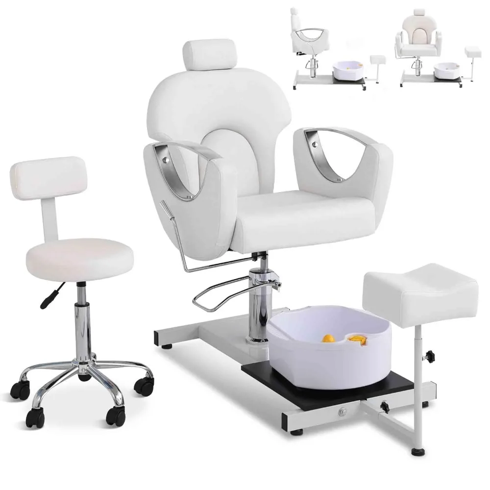 Pedicure Chair No Plumbing with Massage Foot Spa & Stool, Adjustable Hydraulic Lift Reclining Pedicure Station, 360° Swivel