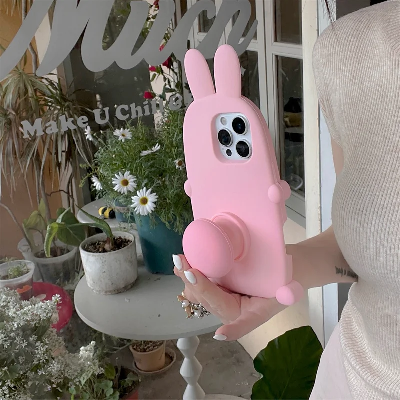 For iphone 16 pro max Cute Patterns pink rabbit Silicone Cover for iphone 15 14 Plus 12 13 15 Pro Max i11 dynamic fold bracket