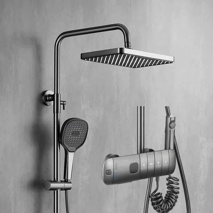 2023 Full Brass Intelligent Thermostatic Shower Set LED Digital Display Black SPA Rainfall Bath Shower Faucet System Set