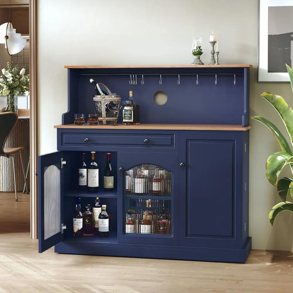 Coffee Bar Cabinet with Hutch - 48” Modern Buffet Cabinet with Drawer Storage and Glass Doors, Wine Bar Table with Adjustable Sh