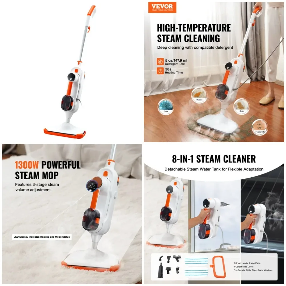 Steam Mop with 7 Brush Heads, 8-in-1 Hard Floor Cleaner for Wood, Ceramic, Granite, Marble, Linoleum – Includes 2 Washable Pads