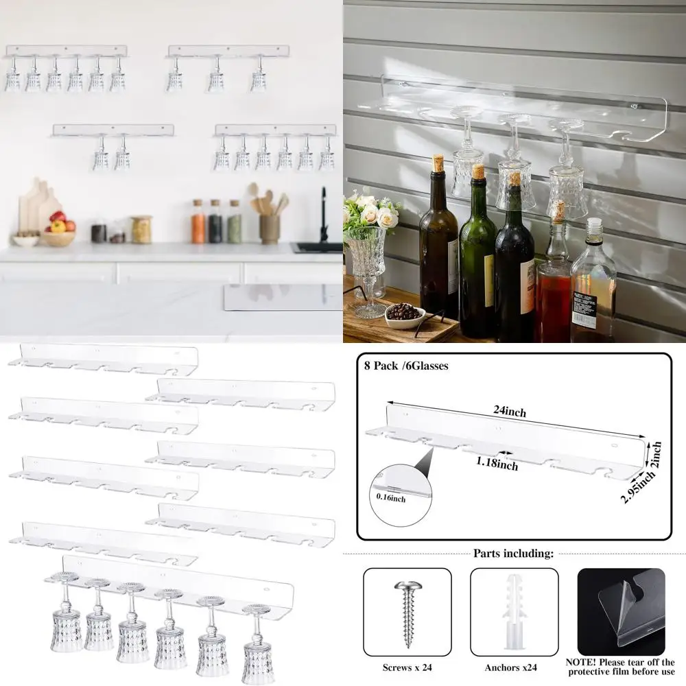 8-Piece Clear Acrylic Wall-Mounted Champagne Glass Holder, 24 Hanging Display Stand for Home Bar or Party Supplies