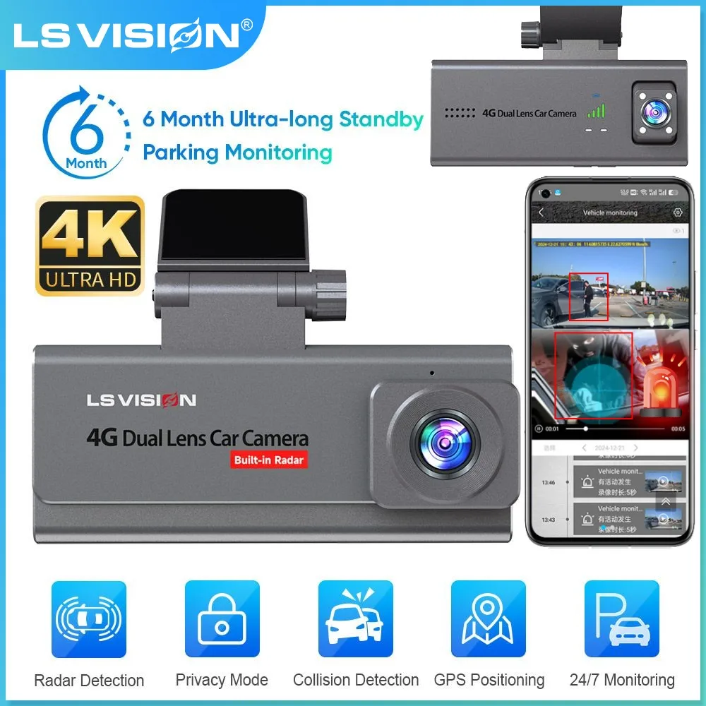 LS VISION 4K 4G Dash Cam Front And Rear Dual Lens Recording Car Camera Human Detection With GPS 24H Parking 6 Month Long Standby