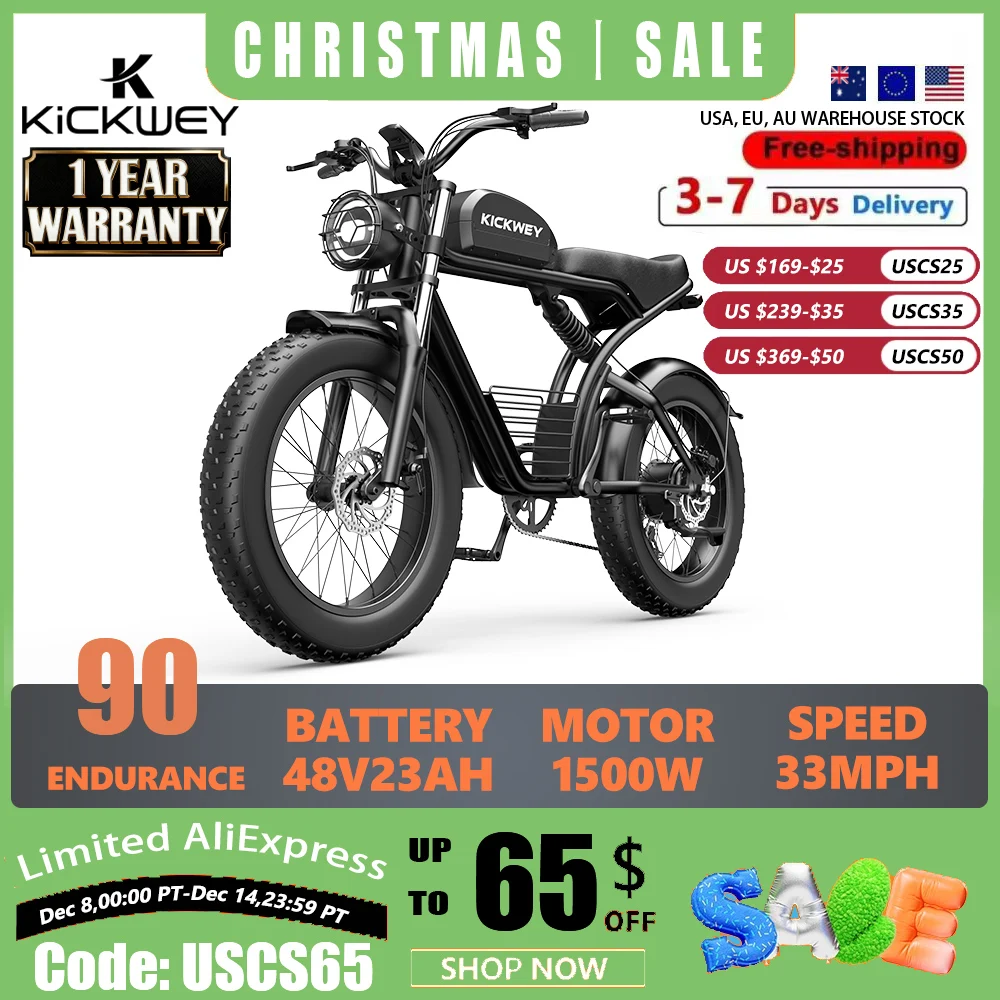 Kickwey K7 Adult Electric Bicycle 1500w 48V 23ah Mountain Electric Bike 20 Inch Fat Tire Outdoor Entertainment Off Road E Bike