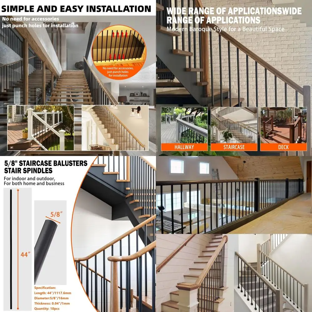 Set of 10 Round Hollow Straight Metal Balusters for Decks, 5/8 Stair Railing, Satin Black Finish