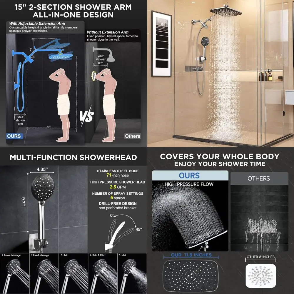 11.8 Dual Shower System: Rainfall & Handheld with Multi-Function Spray, Chrome Finish
