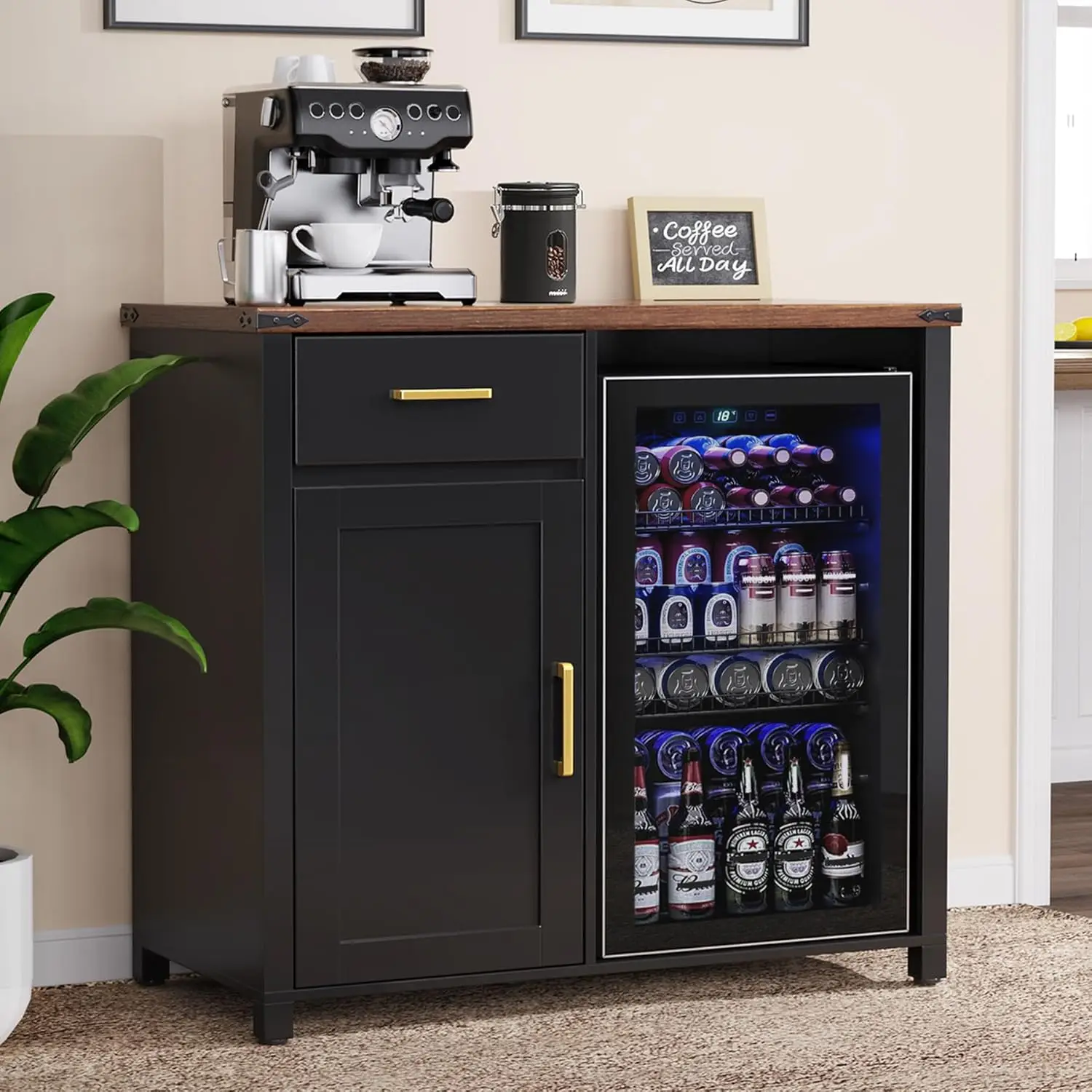 Coffee Bar with Mini Fridge, Cabinet Stand for Dorm, Kitchen, or Office, 39.4' W X 20.9' D