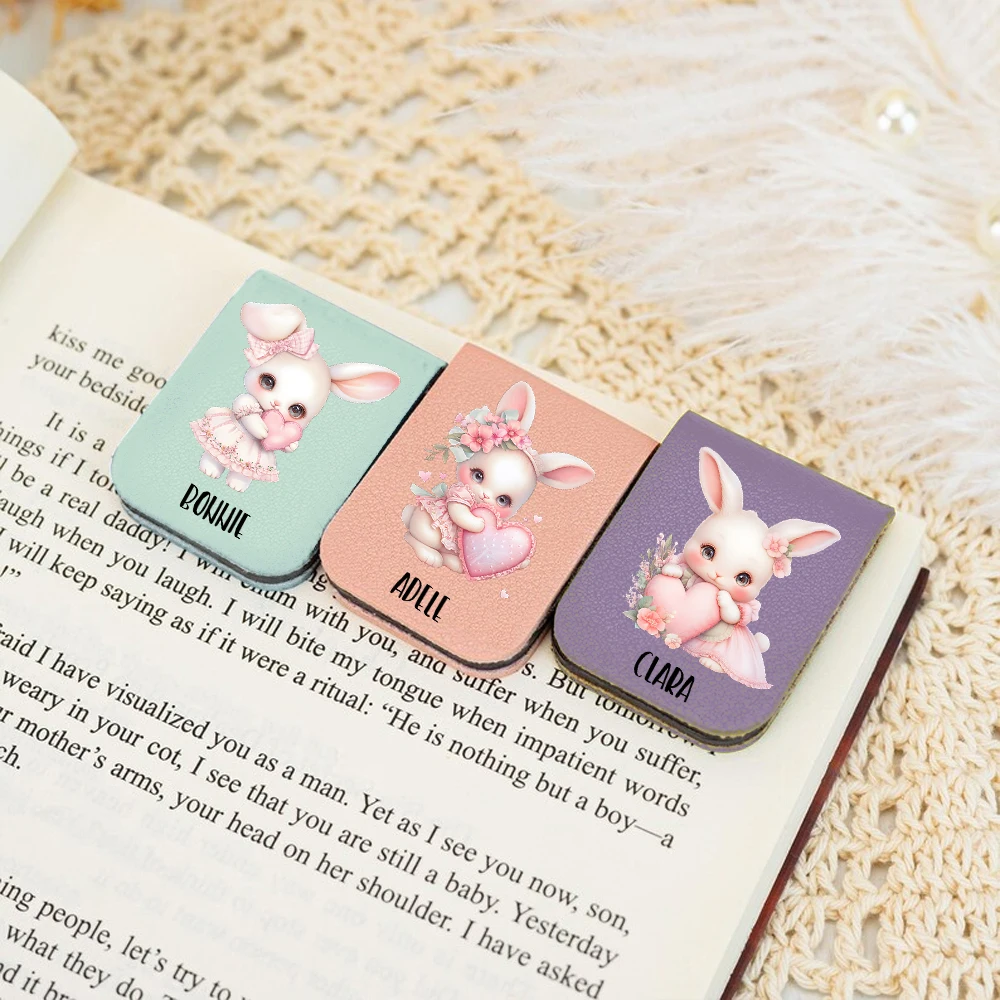 1pc Name Bookmark with Romantic rabbit,Custom Leather Romantic rabbit Bookmark,Personalized Magnetic Bookmark