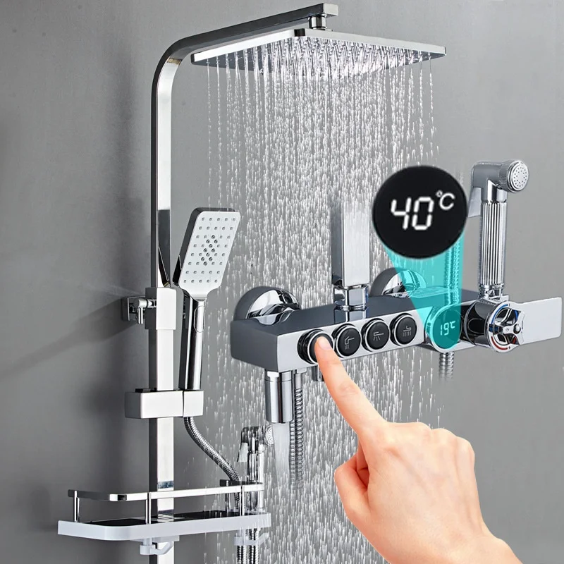 Luxury Silver Led Digital Display Brass Shower Set 4 Keys Faucets Mixers Taps Shower Sets Thermostatic Shower Mixer Faucet