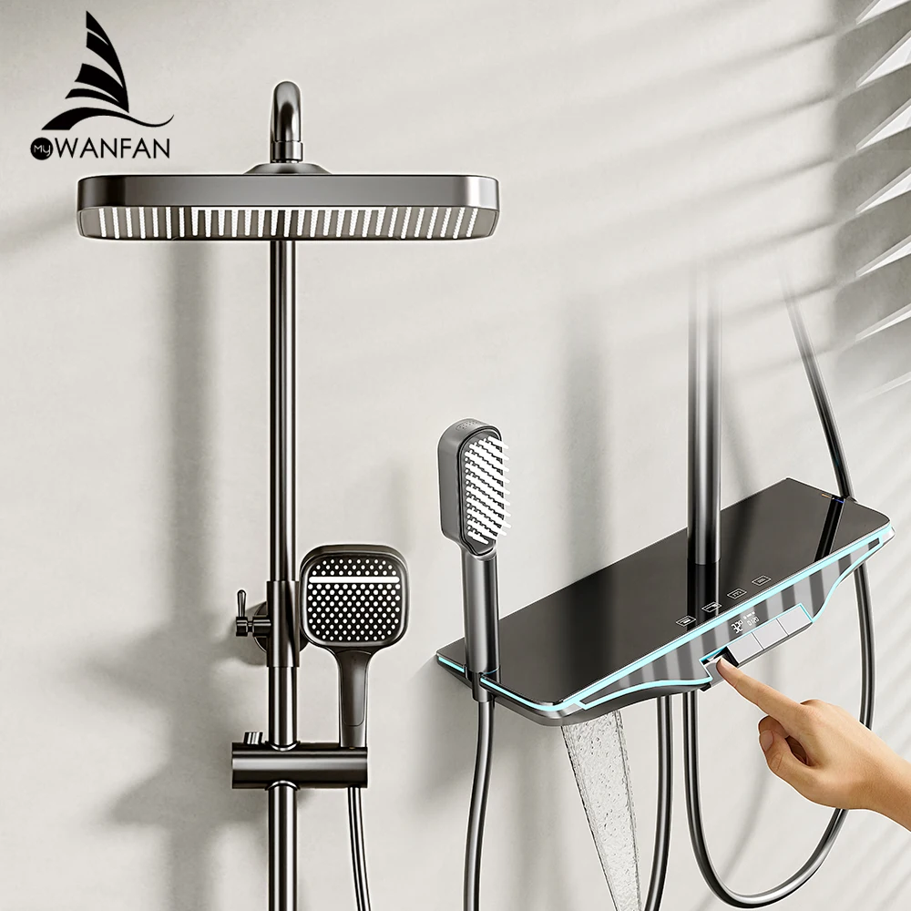 Piano Key Gray Bathroom Digital Display Faucet Shower System Set Bathtub Hot and Cold 3 Functions Tap Smart Shower Set