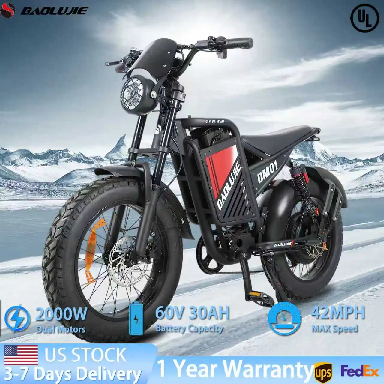 【1 Year Warranty】BAOLUJIE DM01 Motor Electric Bicycle  E-Bike for Adult，Electric Motorcycle 60V 30AH Battery，Max Speed 42 MPH