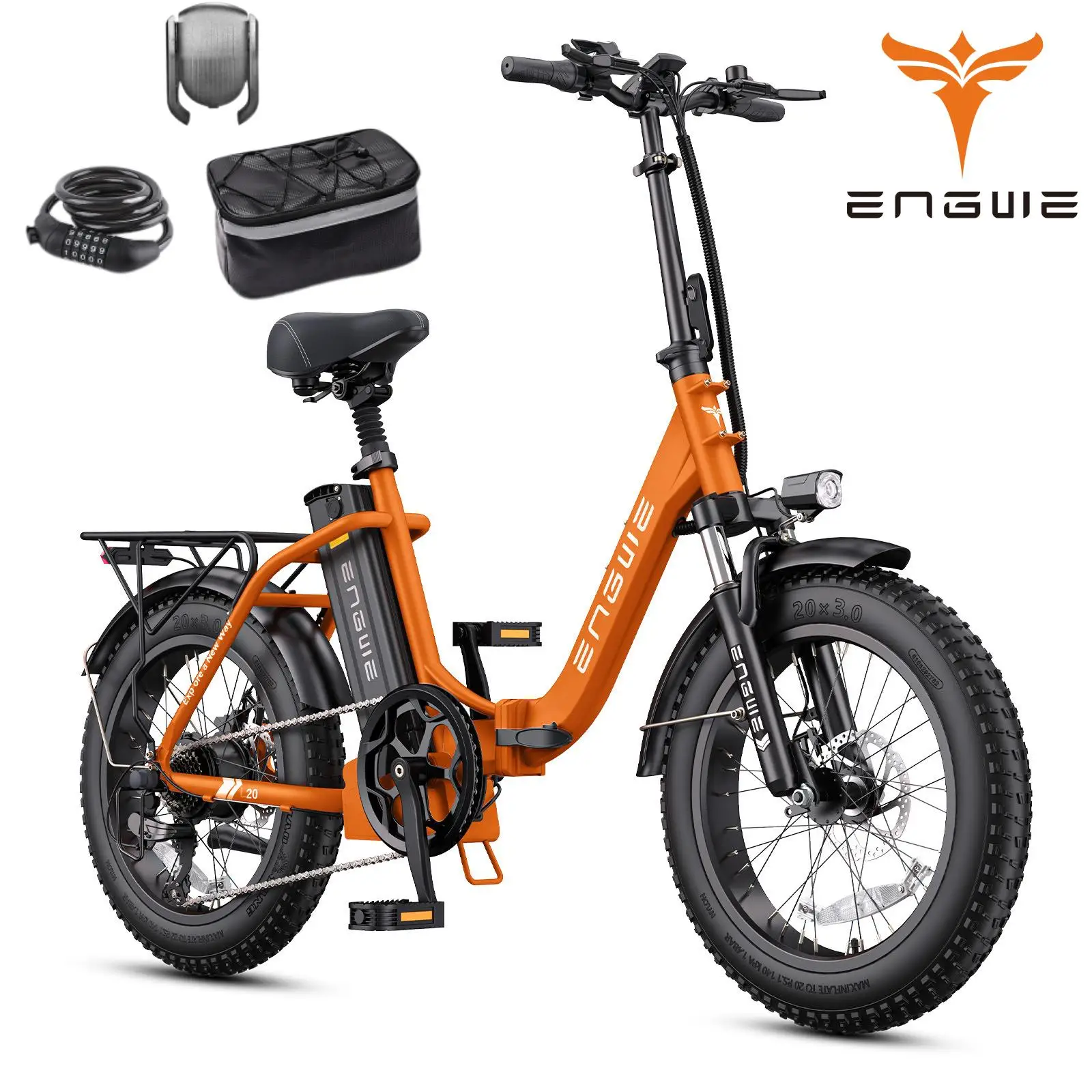 ENGWE L20 2.0 Foldable Electric Bike,750W Power,Speed 32 KM/H,20"x 3.0"Fat Tires, 52V 13Ah Battery,7 Speed E-Bike,Orange