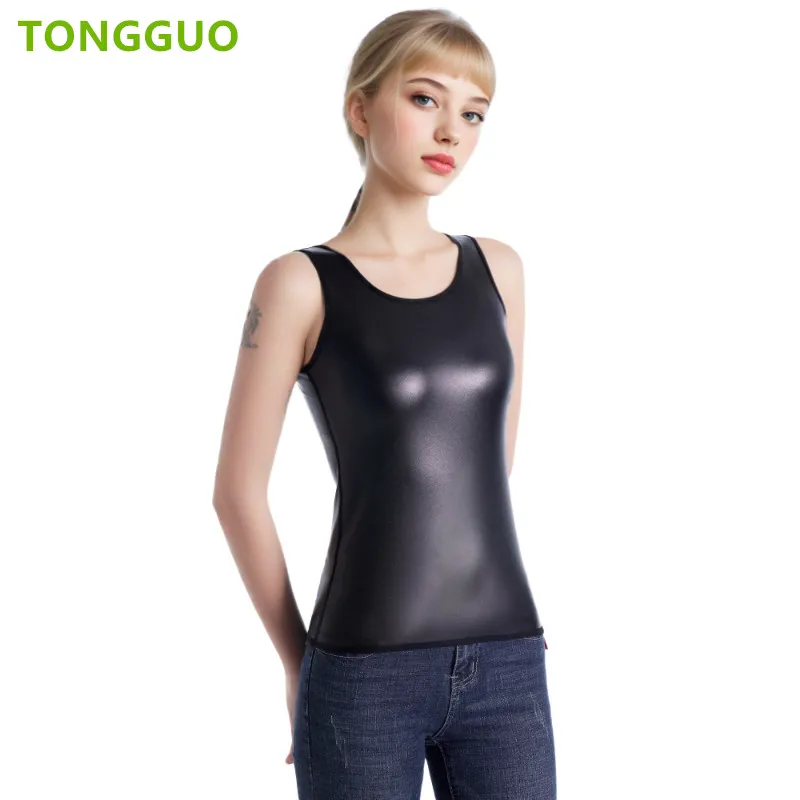 Cool woman New style O Neck Body Shaper Leather Sleeveless Vest Tank Top Waist Trainer Corset Slim Shirt Fashion Shapewear tops