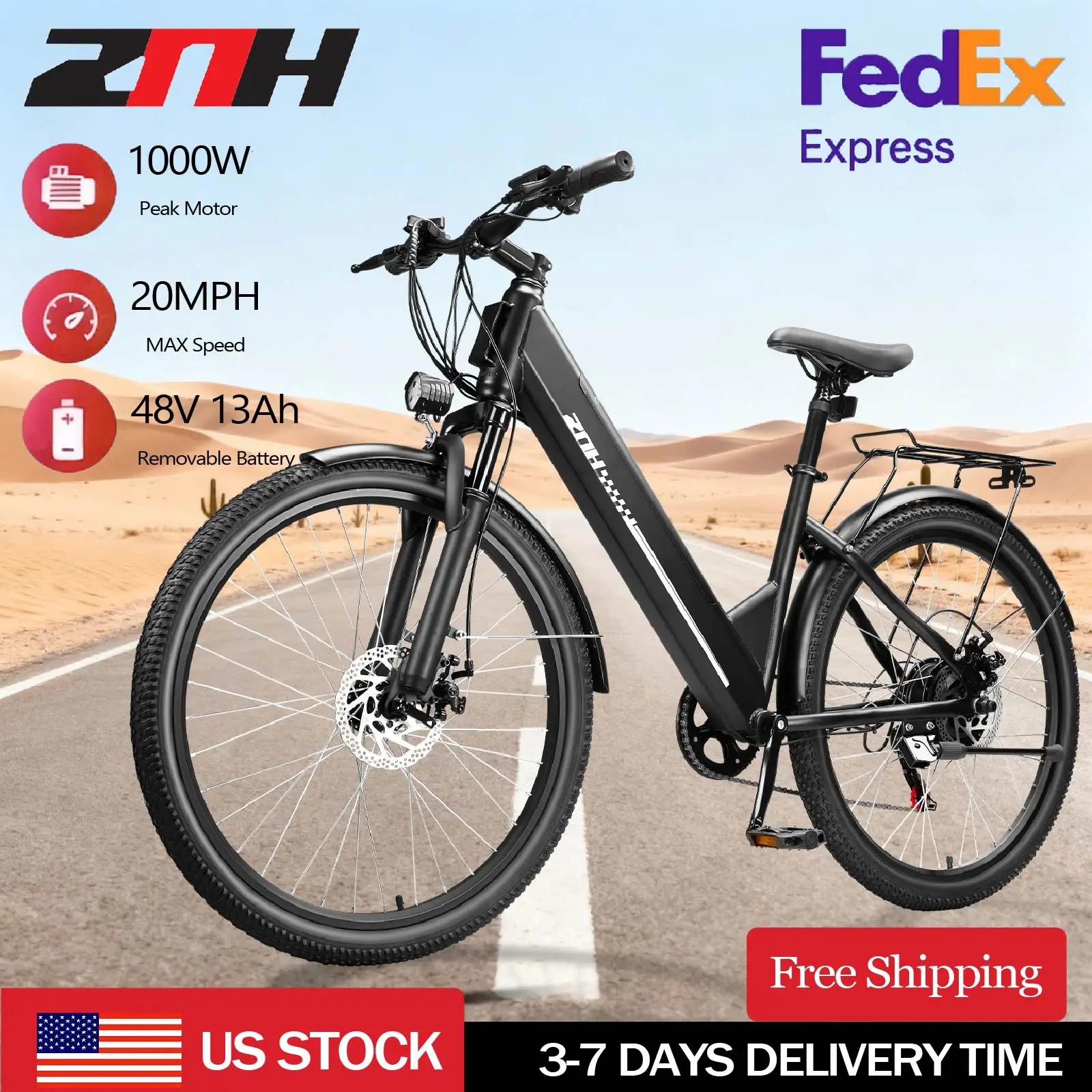 1000W Peak Motor Electric Bicycle for Adult,26" Tires 50Miles Range Electric Bike,20MPH,48V Battery E-bike
