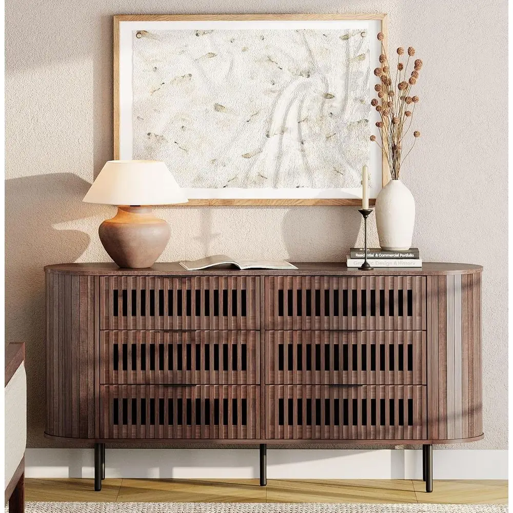6-Drawer Walnut Storage Chest for Bedroom, Living Room, and Hallway with Curved Profile Design