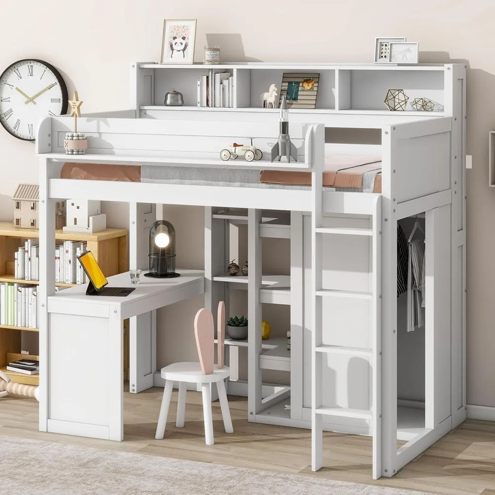 Merax Twin Loft Bed with Storage Shelves and Under-Bed Desk, Wooden Bed Frames with Wardrobe and 3 Cabinets